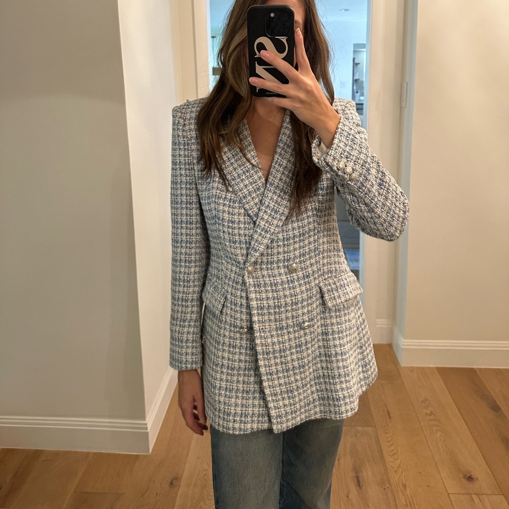 Zara Light Blue and White Tweed Double-Breasted Blazer